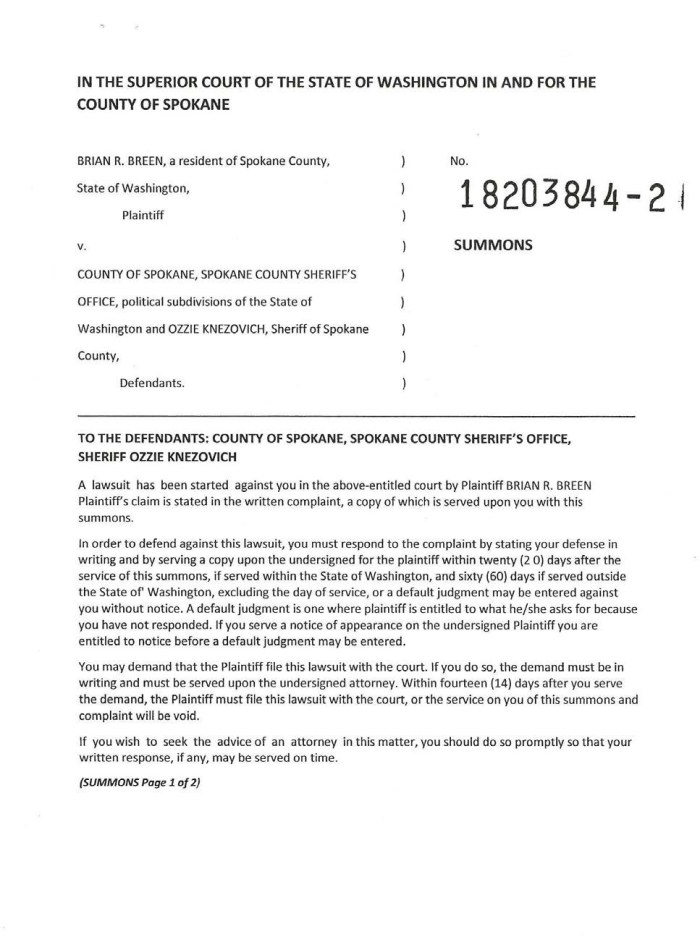 A. Breen v County of Spokane, SCSO, Knezovich Summons 1 - Copy